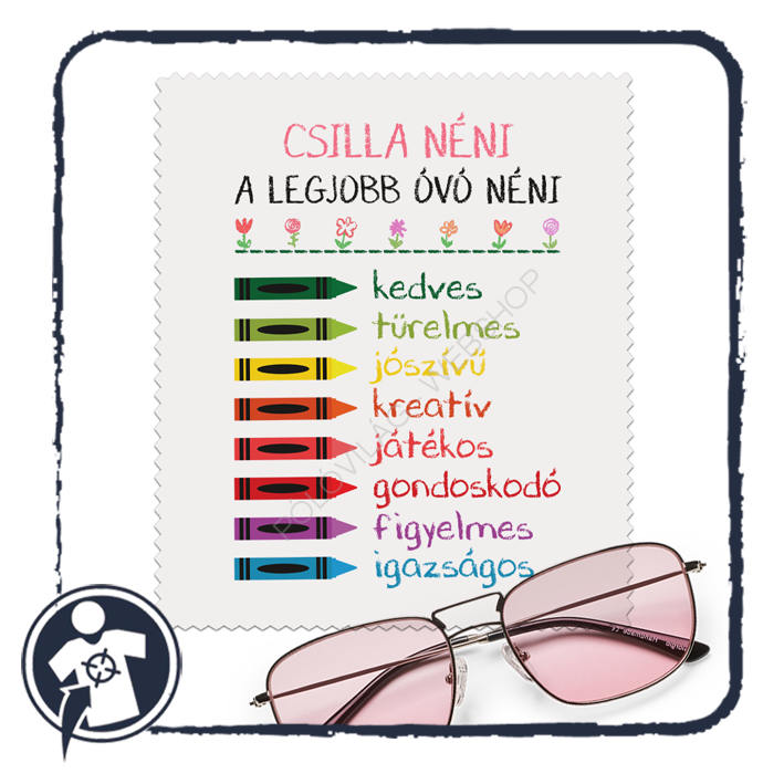 Szemüvegtörlő kendő - A legjobb óvó néni - cuki krétás mintával és saját névvel