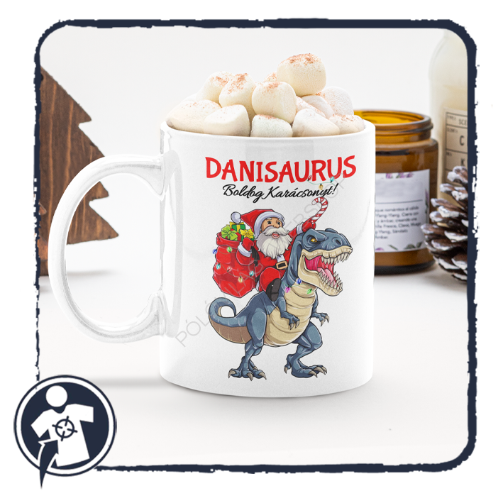Egyedi karácsonyi bögre - Dinoszauruszos Mikulás - saját névvel 