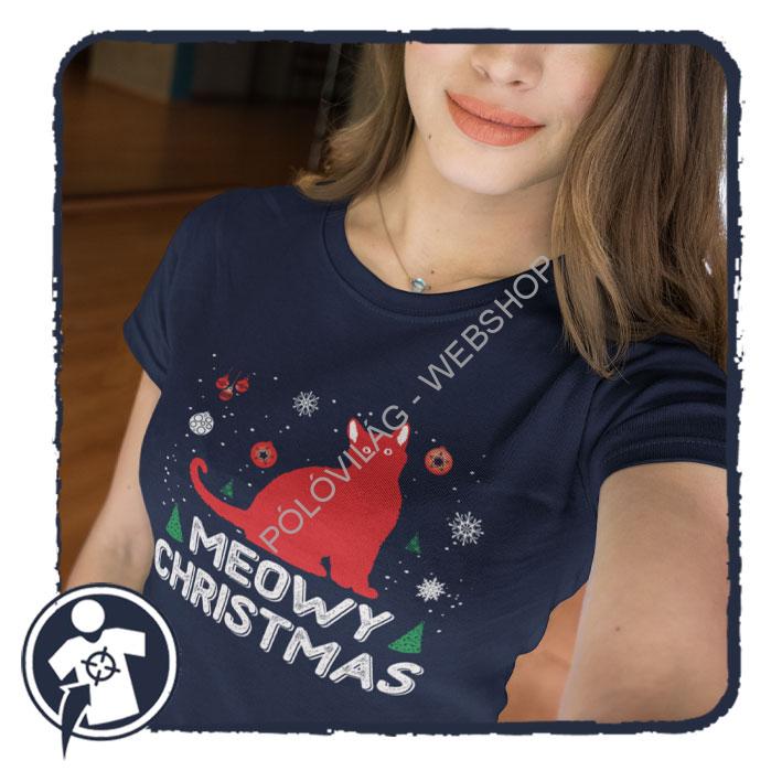 Karácsonyi cicás póló - Meowy Christmas - feliratos női póló