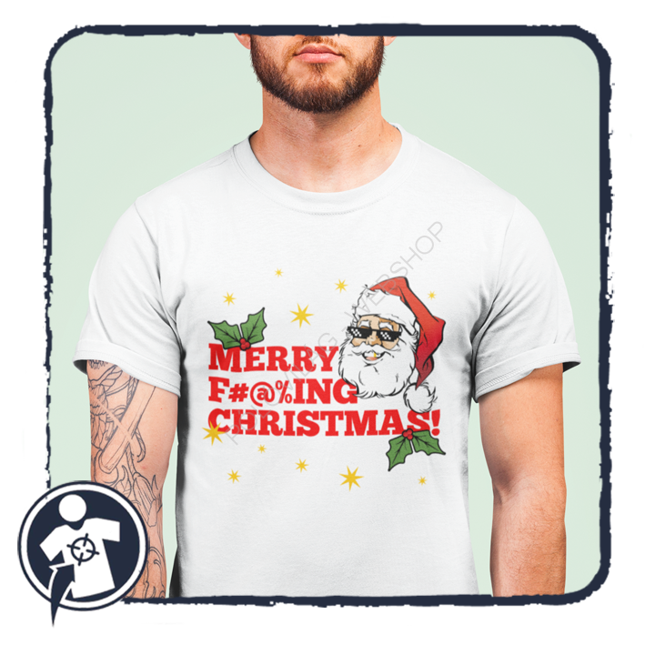 Karácsonyi káromkodós Mikulás aranyfoggal és napszemcsivel - mintájú póló