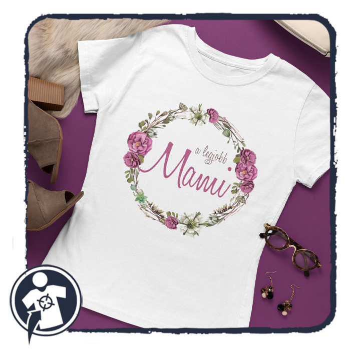 A legjobb Mami - feliratos női póló - lila virágkoszorú mintával