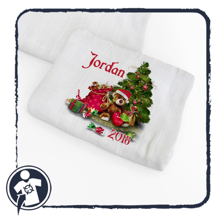Egyedi textilpelenka - Plüss mackó karácsonyfa mintával, névvel