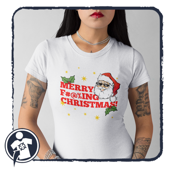Karácsonyi káromkodós Mikulás aranyfoggal és napszemcsivel - mintájú női póló