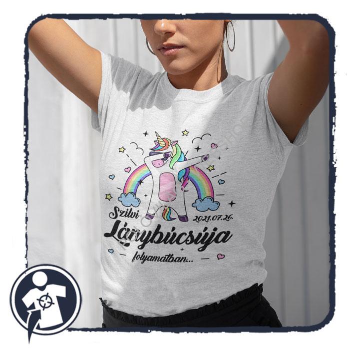 Táncoló unikornis szivárvánnyal - női póló lánybúcsúra